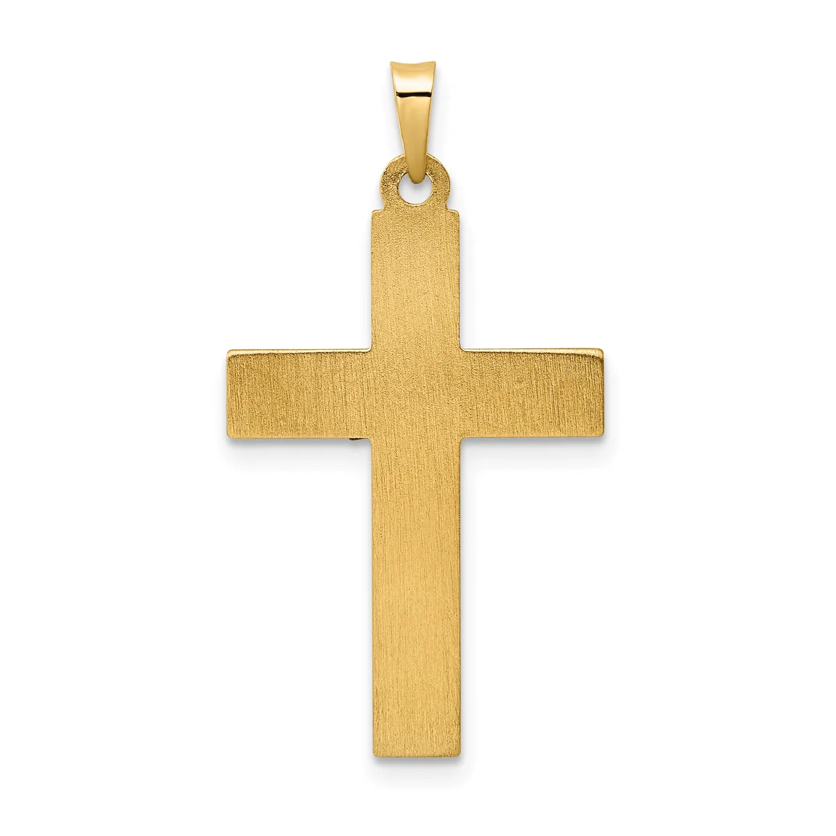 A polished gold cross pendant with a brushed matte finish and a small rectangular bail at the top.