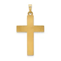 A polished gold cross pendant with a brushed matte finish and a small rectangular bail at the top.