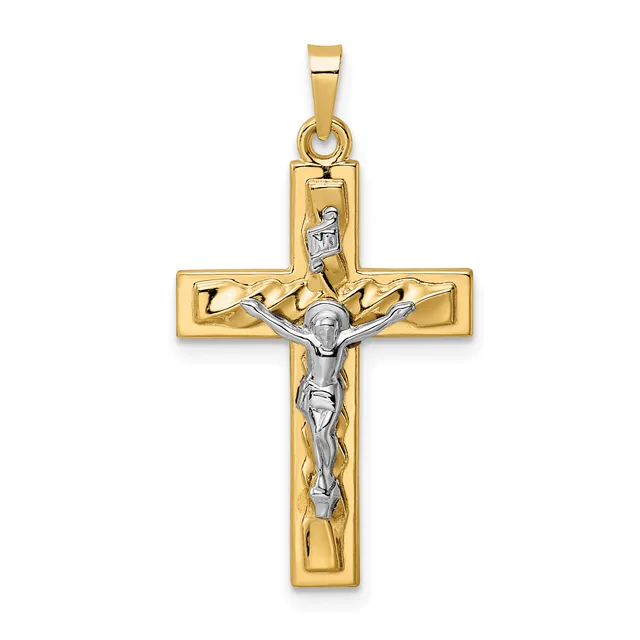Two-tone gold crucifix pendant with polished yellow gold cross and white gold corpus figure, shown suspended from a rectangular bail.