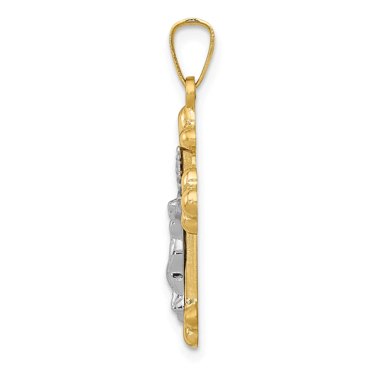 A two-tone gold and silver pendant charm with a textured surface and loop attachment, shown vertically against a white background.