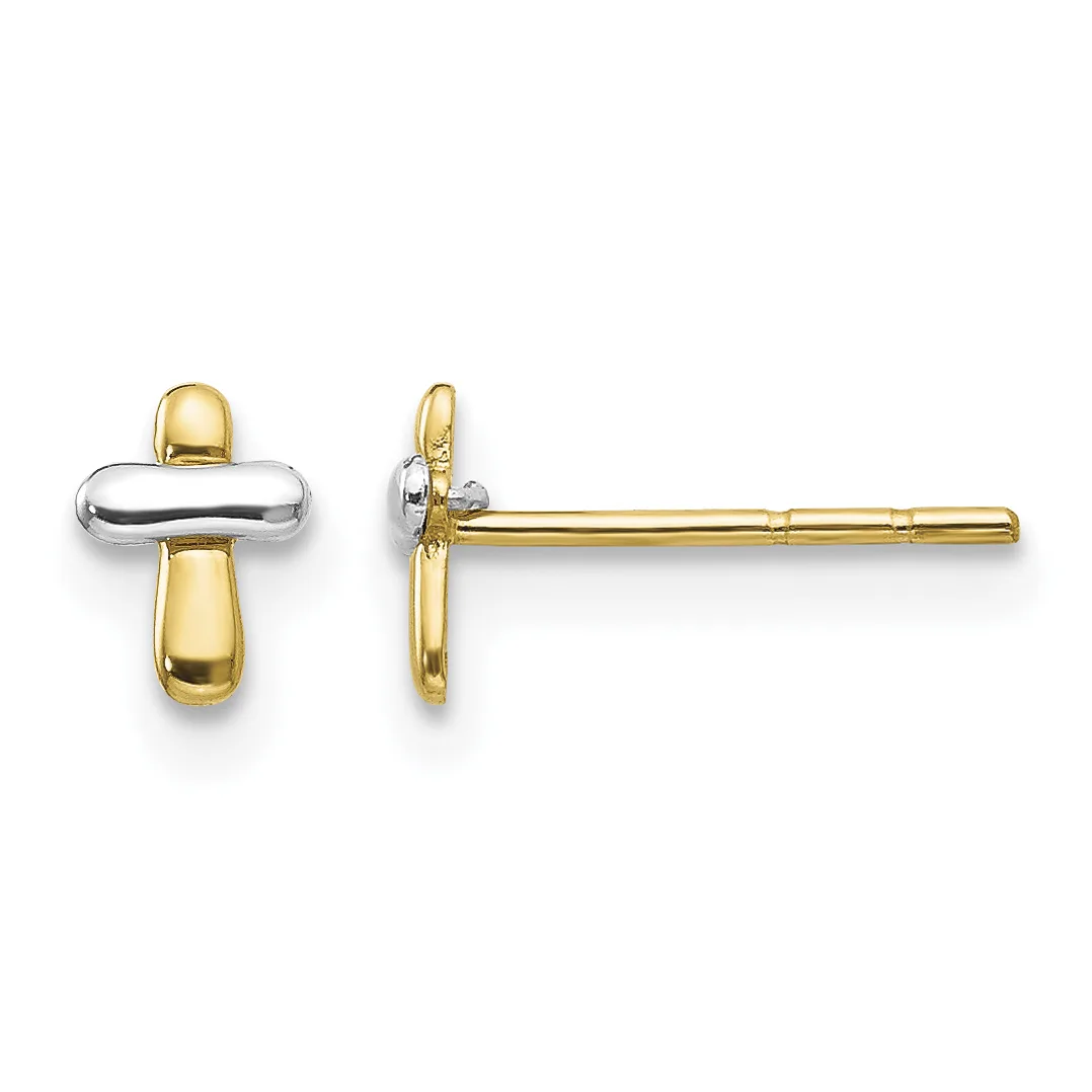 Two-tone gold and silver cross stud earrings shown from front and side views, featuring rounded rectangular arms with polished finishes and gold posts.