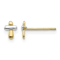 Two-tone gold and silver cross stud earrings shown from front and side views, featuring rounded rectangular arms with polished finishes and gold posts.