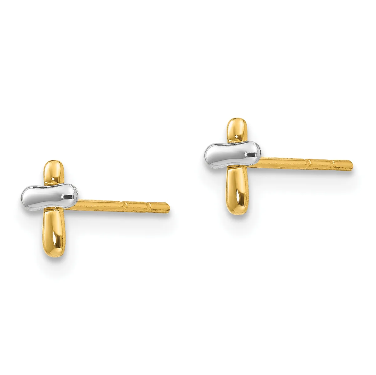 A pair of two-tone stud earrings with polished gold and silver cylindrical elements arranged in a cross or plus-sign shape, shown from the front.