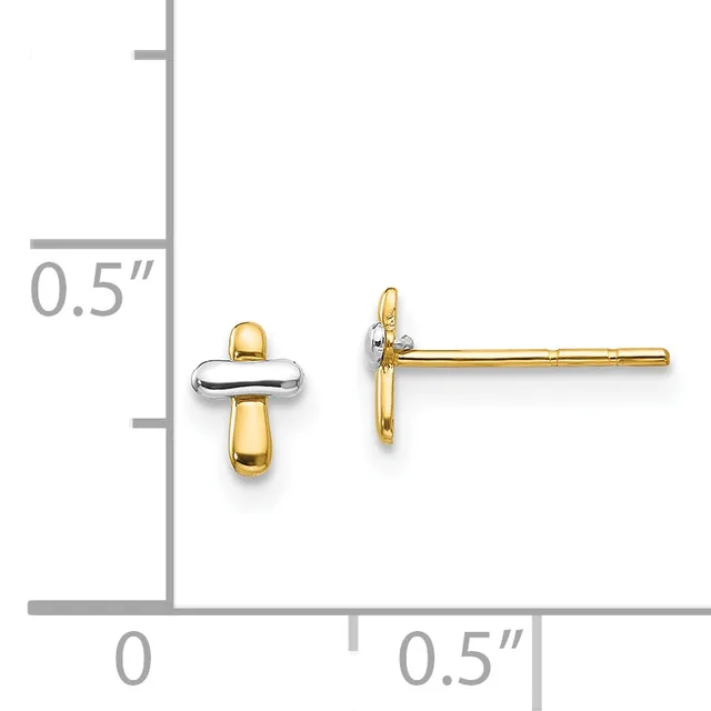Two-tone cross stud earrings with yellow gold vertical bars and white gold horizontal bars, shown next to a measurement ruler indicating approximately 0.5 inches in length.