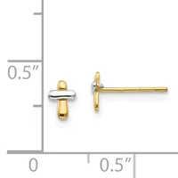 Two-tone cross stud earrings with yellow gold vertical bars and white gold horizontal bars, shown next to a measurement ruler indicating approximately 0.5 inches in length.