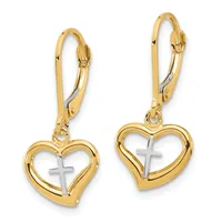 Pair of gold-tone lever-back earrings featuring heart-shaped frames with white cross cutouts in the center, displayed side by side.
