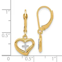 Pair of gold-toned heart-shaped earrings with white cross centers, shown on a measurement scale indicating approximately one inch in length.