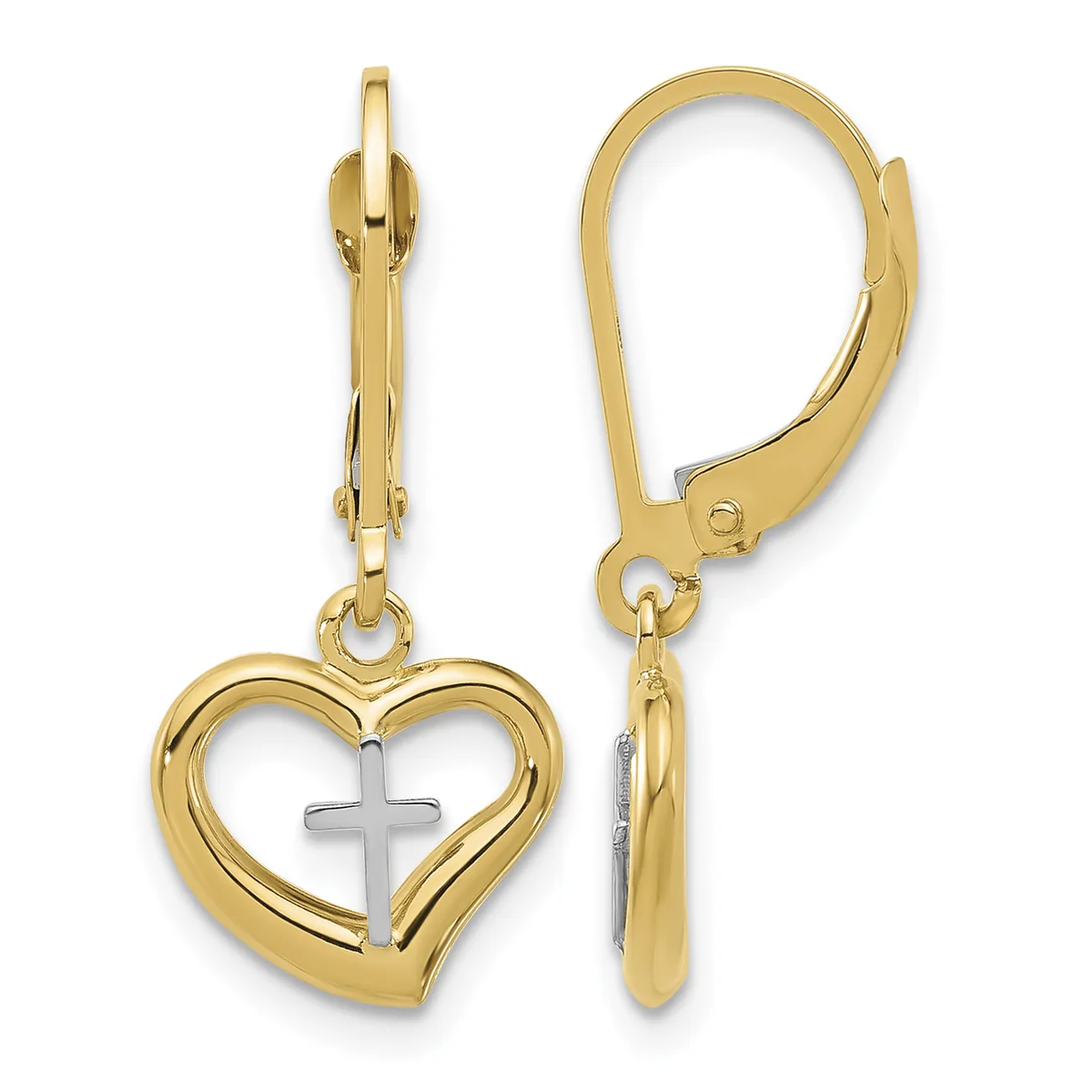 Pair of gold leverback earrings featuring open hearts with small white cross cutouts in the center, shown from front and side views.