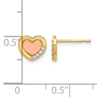 Pair of gold heart stud earrings with rose gold centers and small diamond accents, shown next to a measurement scale.