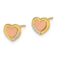 A pair of gold heart-shaped stud earrings with rose gold centers and diamond accents along the curved edges, displayed against a white background.
