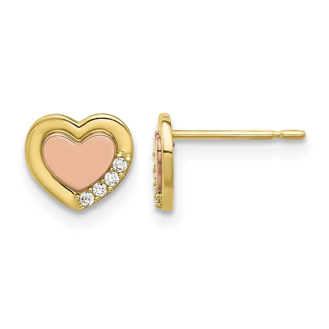 Pair of gold heart-shaped stud earrings with rose gold centers and small round diamonds set along the bottom curve, shown from front and side views.