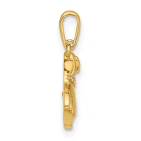 Gold-toned metal pendant charm shaped like a telephone handset, suspended from an elongated loop bail, shown against a white background.