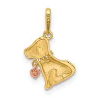 Gold dog charm pendant with textured finish and small rose gold heart charm attached to collar detail.