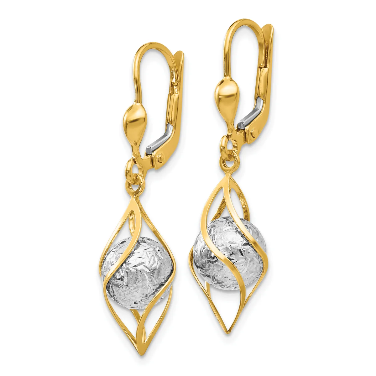 Pair of gold and silver two-tone drop earrings with leaf-shaped frames enclosing textured silver oval centers, suspended from lever-back closures.