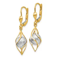 Pair of gold and silver two-tone drop earrings with leaf-shaped frames enclosing textured silver oval centers, suspended from lever-back closures.