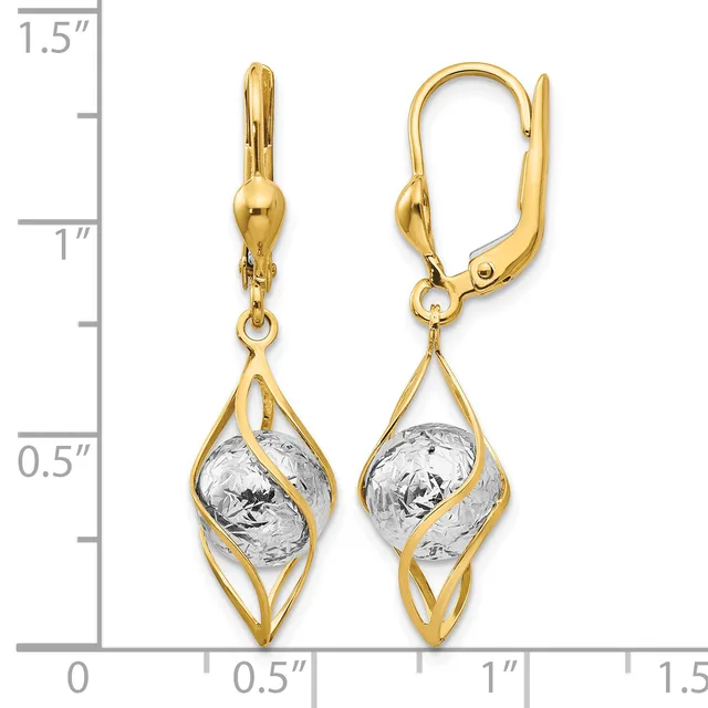 Pair of two-tone gold leverback earrings with textured white gold oval centers suspended in open diamond-shaped yellow gold frames, shown against a ruler measuring approximately 1.25 inches in length.