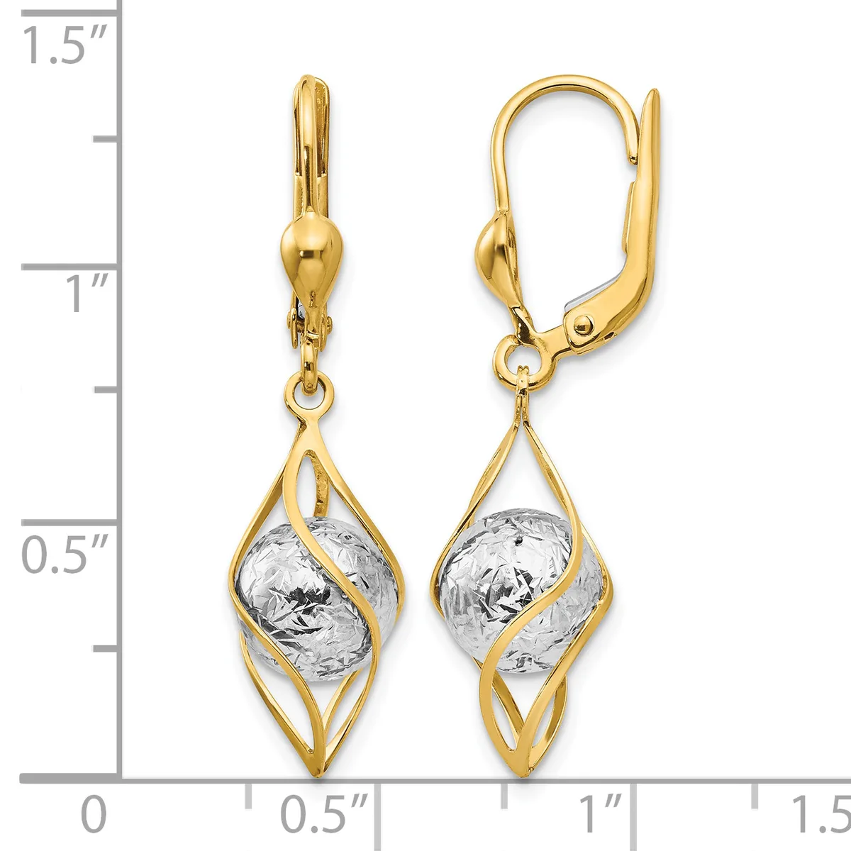 Pair of two-tone gold leverback earrings with textured white gold oval centers suspended in open diamond-shaped yellow gold frames, shown against a ruler measuring approximately 1.25 inches in length.