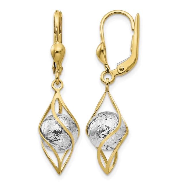 Pair of gold and silver two-tone drop earrings with textured oval centers suspended in curved diamond-shaped frames, shown from front and side views with lever-back closures.
