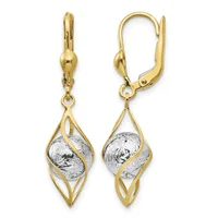 Pair of gold and silver two-tone drop earrings with textured oval centers suspended in curved diamond-shaped frames, shown from front and side views with lever-back closures.