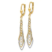 Pair of two-tone gold and silver drop earrings with leverback closures, featuring nested teardrop shapes and chain details.
