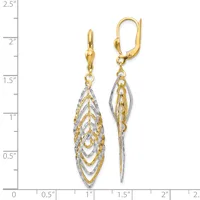 A pair of two-tone gold and silver dangle earrings with nested diamond-shaped lattice patterns, displayed against a measurement scale showing they are approximately 2 inches long.
