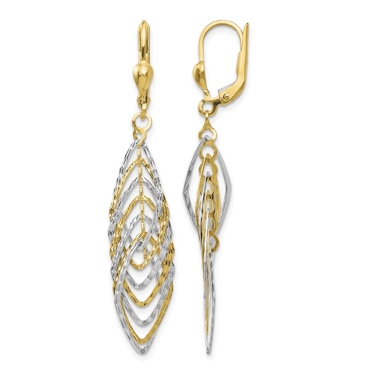 Pair of two-tone gold drop earrings with layered marquise-shaped pendants and leverback closures, shown from front and back views.