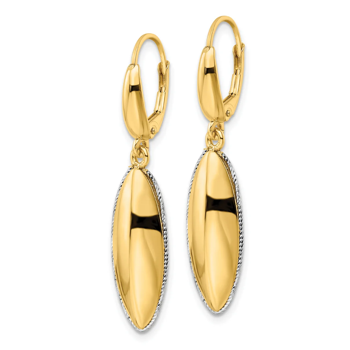 Pair of gold leverback earrings with polished oval pendants featuring textured borders, displayed against a white background.