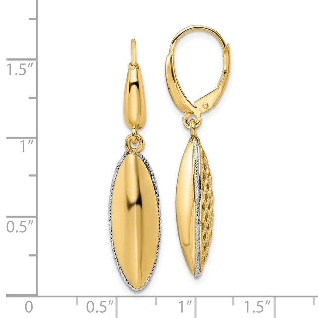 Pair of gold-toned oval dangle earrings with textured sides and polished centers, shown next to a measurement scale.