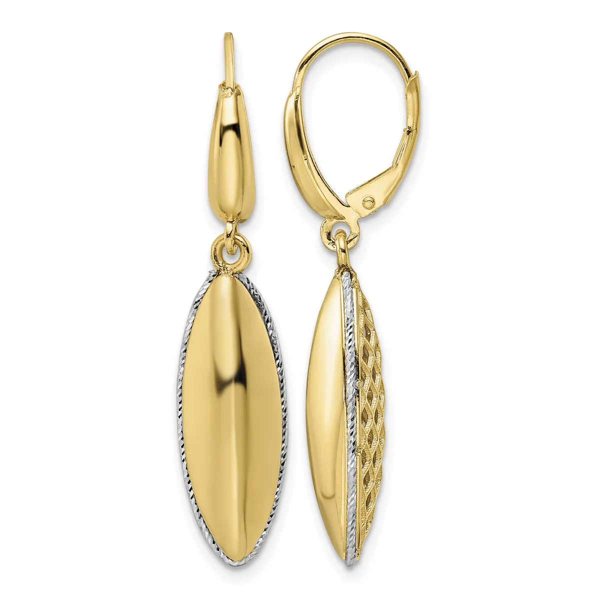Pair of gold lever-back earrings with polished teardrop pendants outlined in textured white gold detailing, shown from front and back views.