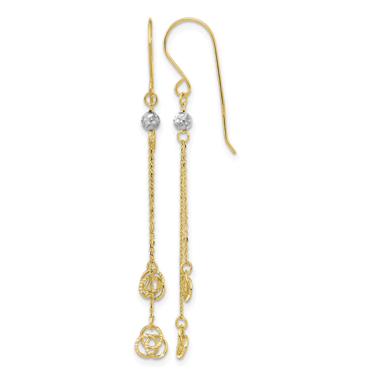 Gold-toned dangle earrings with fish hook wires, featuring diamond-cut beads and ornamental filigree ball charms suspended from delicate chain links.