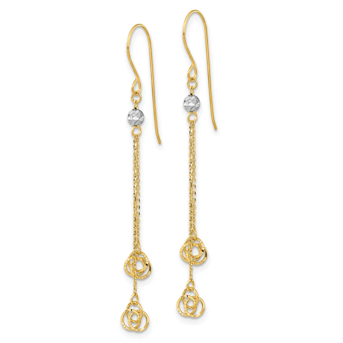 A pair of gold-toned dangle earrings with fish hook wires, featuring small round crystal beads at the top, delicate chain strands, and decorative twisted knot charms at the bottom.