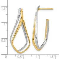 Two-tone gold and silver hoop earrings with nested rectangular and curved designs, shown next to a ruler measuring approximately one inch in width and one and one-half inches in height.