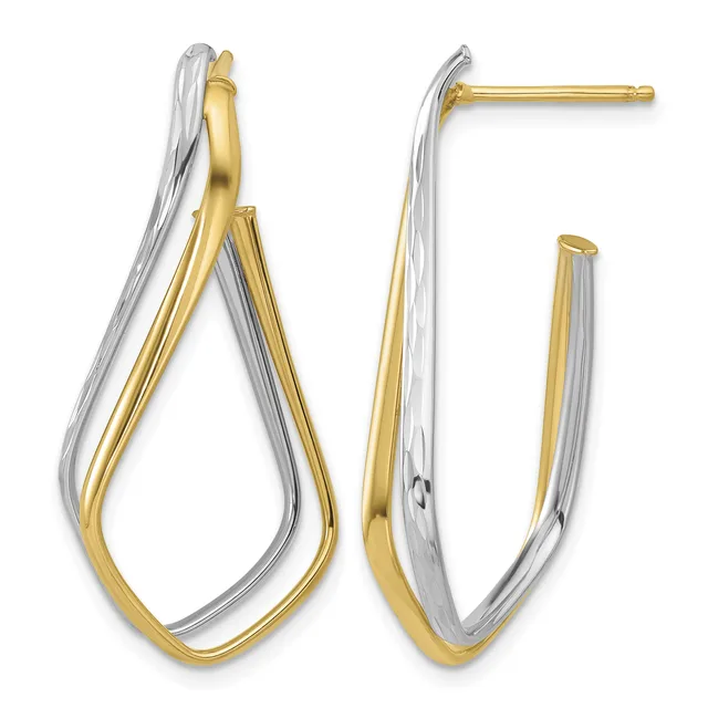 A pair of two-tone gold and silver hoop earrings with interlocking curved bands, shown from front and side views.