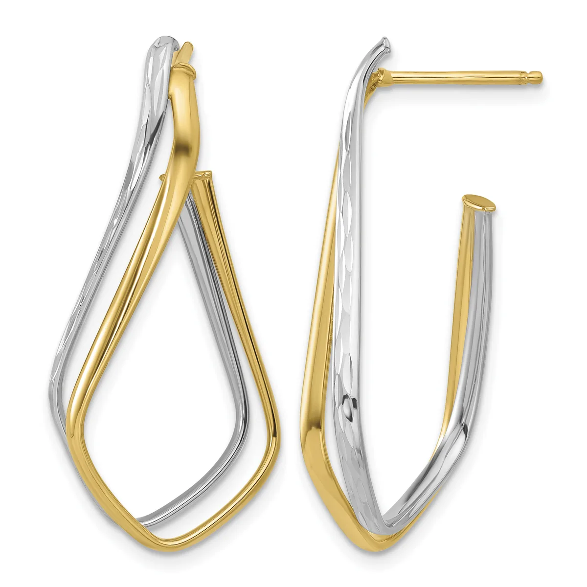 A pair of two-tone gold and silver hoop earrings with interlocking curved bands, shown from front and side views.