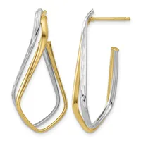 A pair of two-tone gold and silver hoop earrings with interlocking curved bands, shown from front and side views.