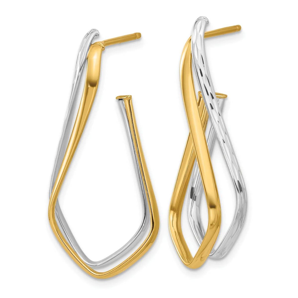 A pair of two-tone gold and silver hoop earrings with intertwined curved bands, shown from the front and back, with post and clutch backs.