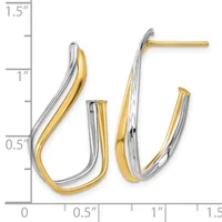 Two-tone gold and silver curved hoop earrings with post backs, displayed next to a measurement scale showing approximately one inch in length.