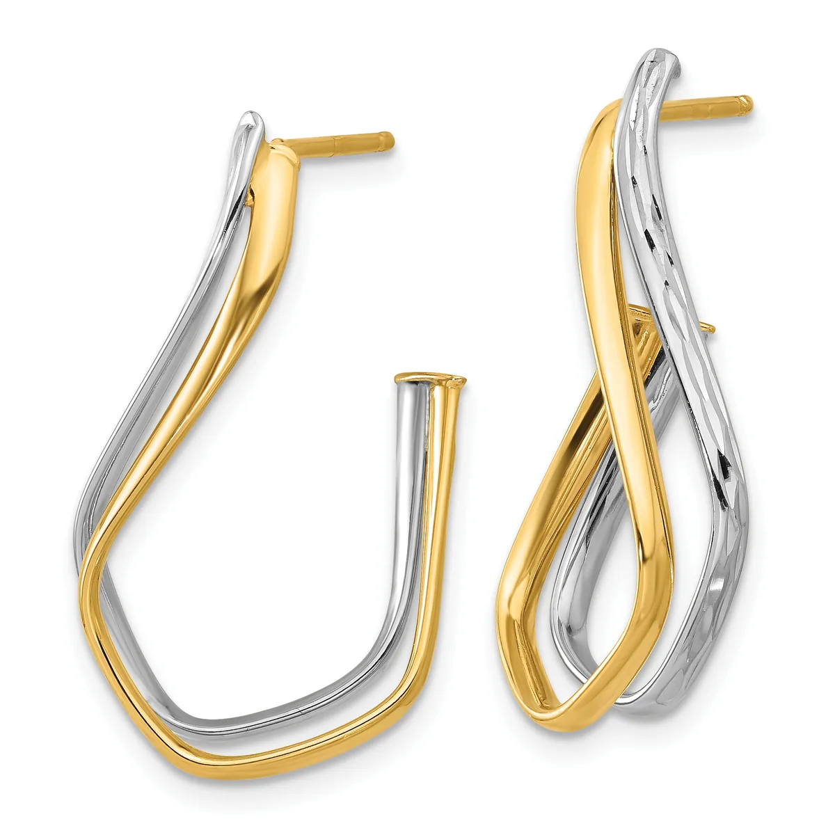 Pair of two-tone gold and silver curved hoop earrings with textured surfaces and post backs, shown from front and angled views.