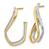 Pair of two-tone gold and silver curved hoop earrings with textured surfaces and post backs, shown from front and angled views.