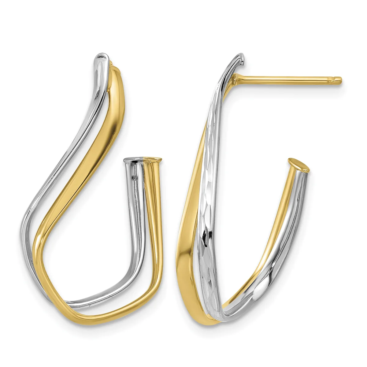 Pair of two-tone gold and silver curved hoop earrings with post and clutch backs, shown from front and side angles.