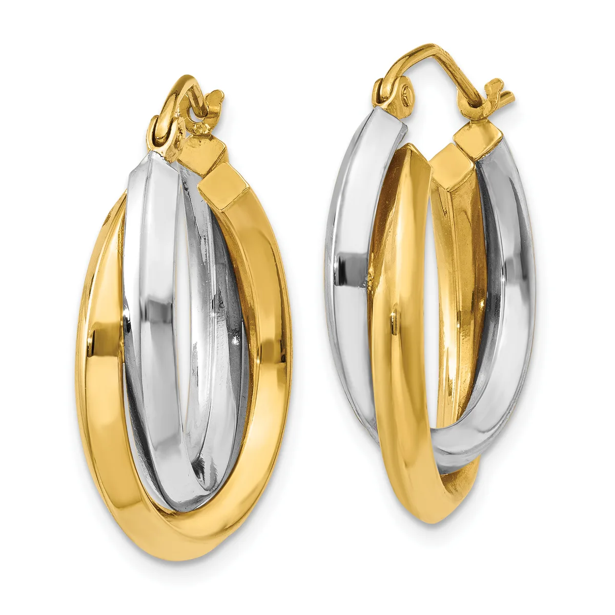 Two-tone gold and silver hoop earrings with interlocking oval loops, shown from front and back views, with small square posts and a polished finish.