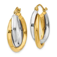Two-tone gold and silver hoop earrings with interlocking oval loops, shown from front and back views, with small square posts and a polished finish.