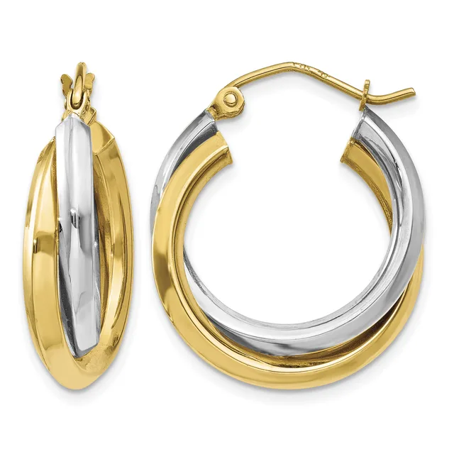 Two-tone gold and silver hoop earrings with polished finish and curved post backs, shown from front and side views.