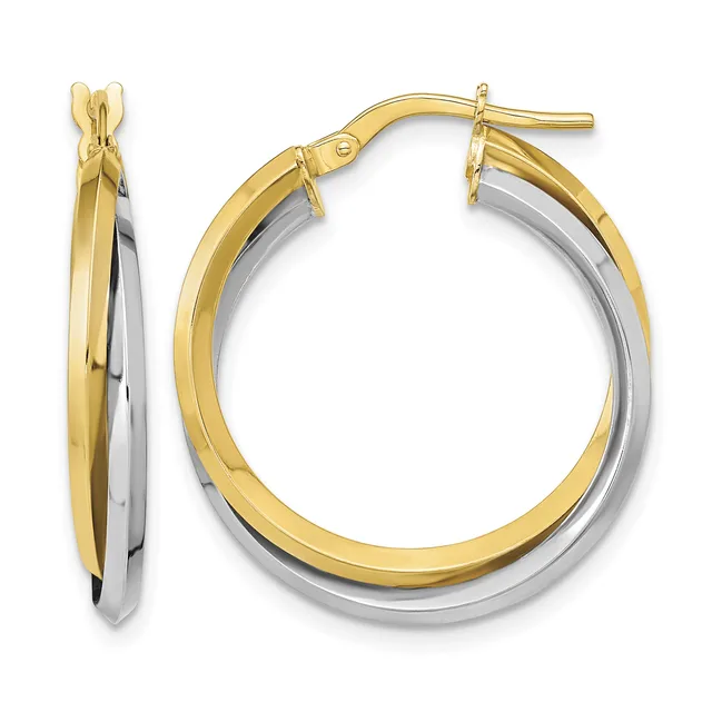 Two-tone gold and silver hoop earrings with a twisted design, shown from front and side views with post and clutch closures.