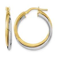 Two-tone gold and silver hoop earrings with a twisted design, shown from front and side views with post and clutch closures.