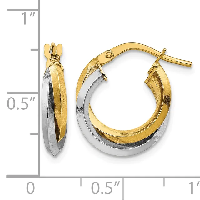 Two-tone gold hoop earrings with twisted design, shown at actual size next to measurement ruler indicating approximately half-inch diameter.