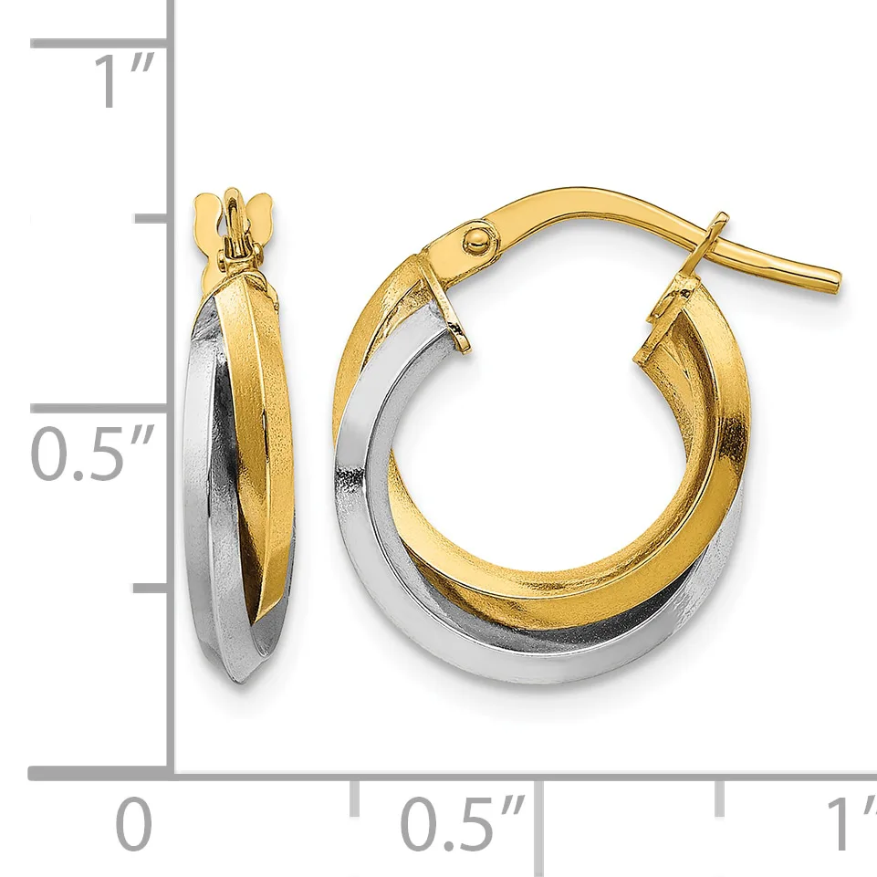 Two-tone gold hoop earrings with twisted design, shown at actual size next to measurement ruler indicating approximately half-inch diameter.