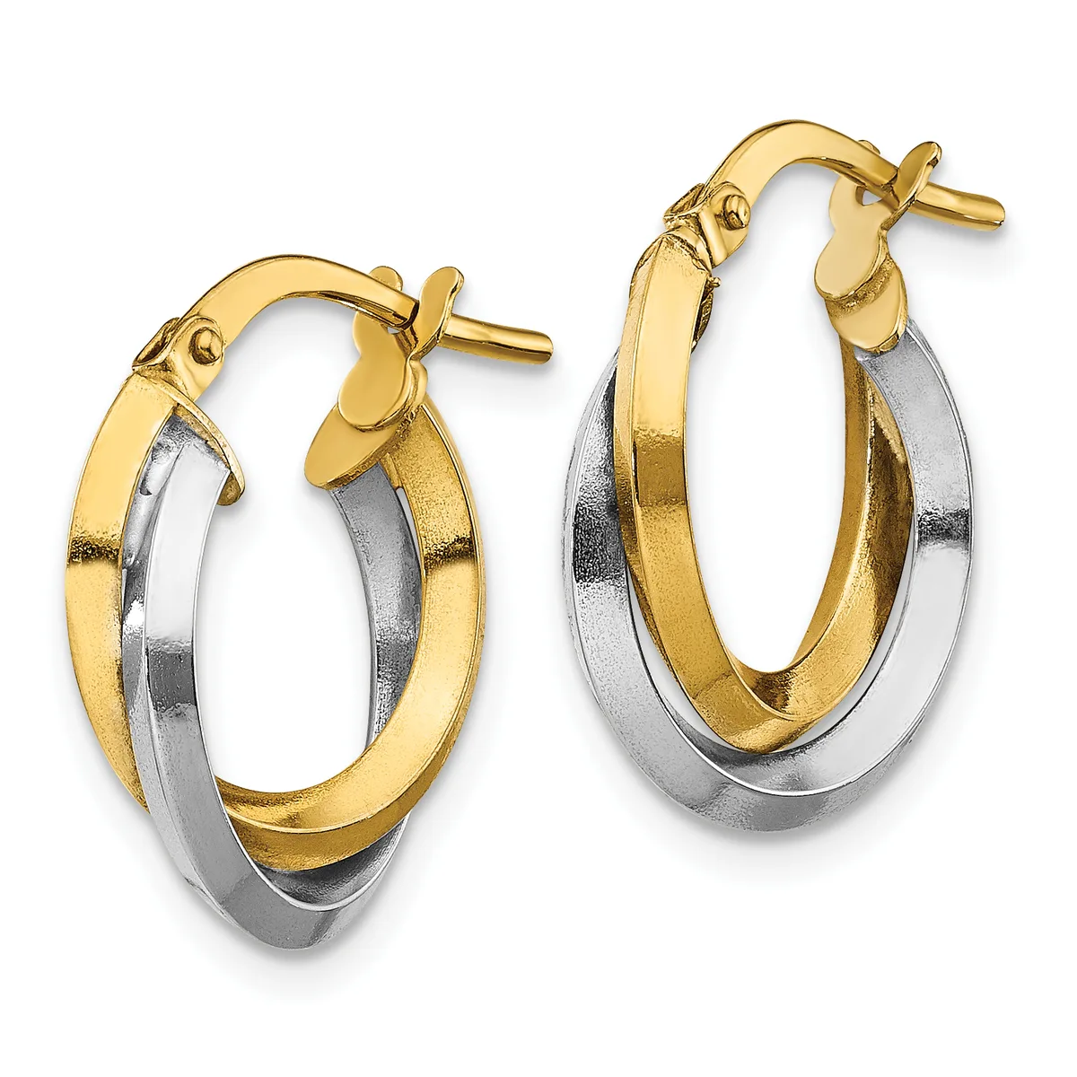 A pair of two-tone gold and silver hoop earrings with twisted intertwined bands and hinged closures, displayed side by side.