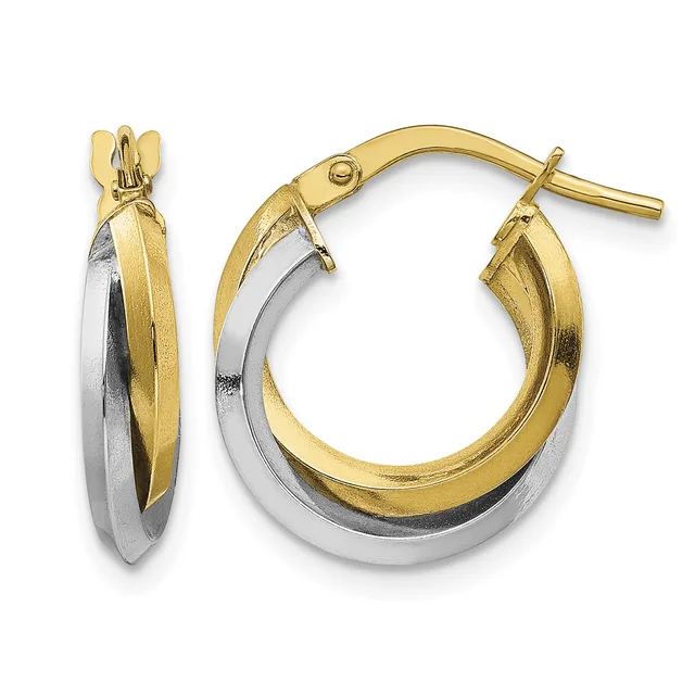 Pair of two-tone gold hoop earrings with yellow and white gold bands, shown from front and side angles with post and clutch backs.