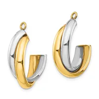 Pair of two-tone gold and silver twisted hoop earrings with posts and loops, shown at different sizes.